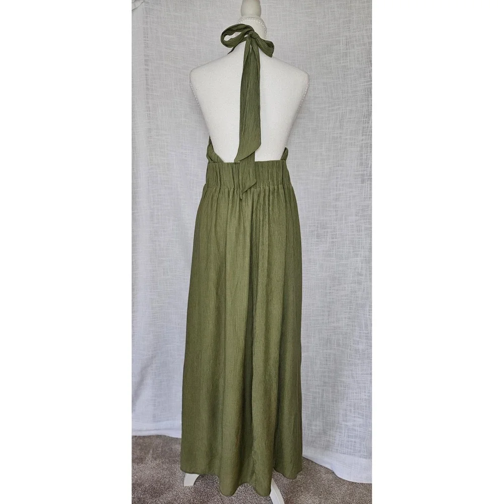 Abercrombie & Fitch Maxi Dress Women Large Olive Green Halter Open Back Wedding